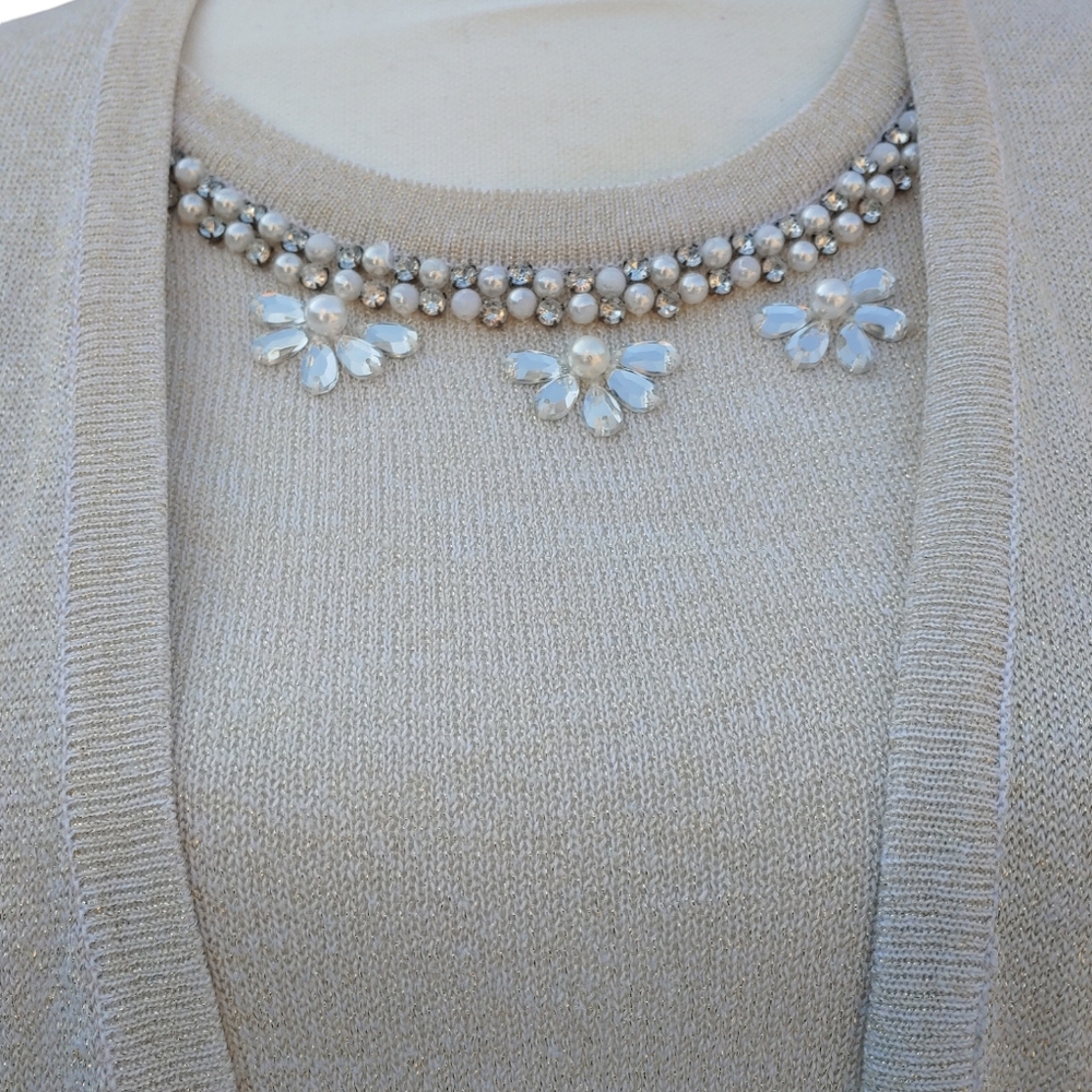 Kim Rogers Faux Twin Set Holiday Wear Rhinestones and Beading Cream and Gold Lg